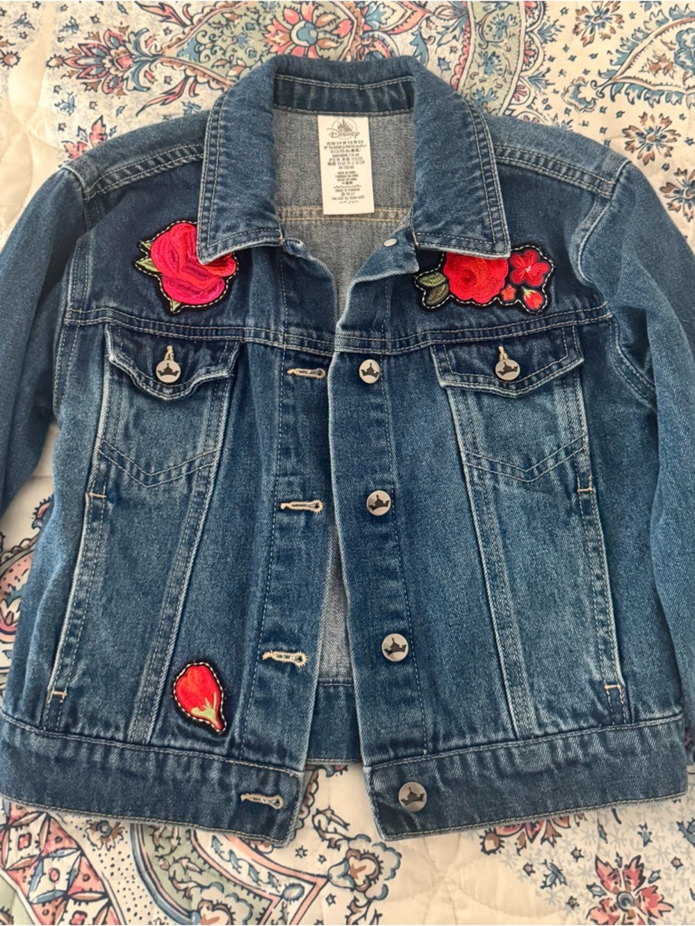 Disney Blue Denim Jacket with Pink & Red Floral Patches